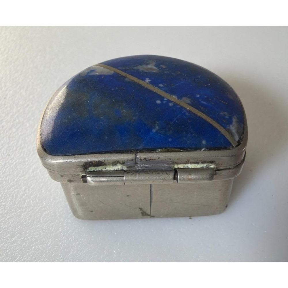 Lapis Lazuli Ring Pill Trinket Box Silver Metal Trim & Hinged Lid Pyrite Flecks - Picture 6 of 11